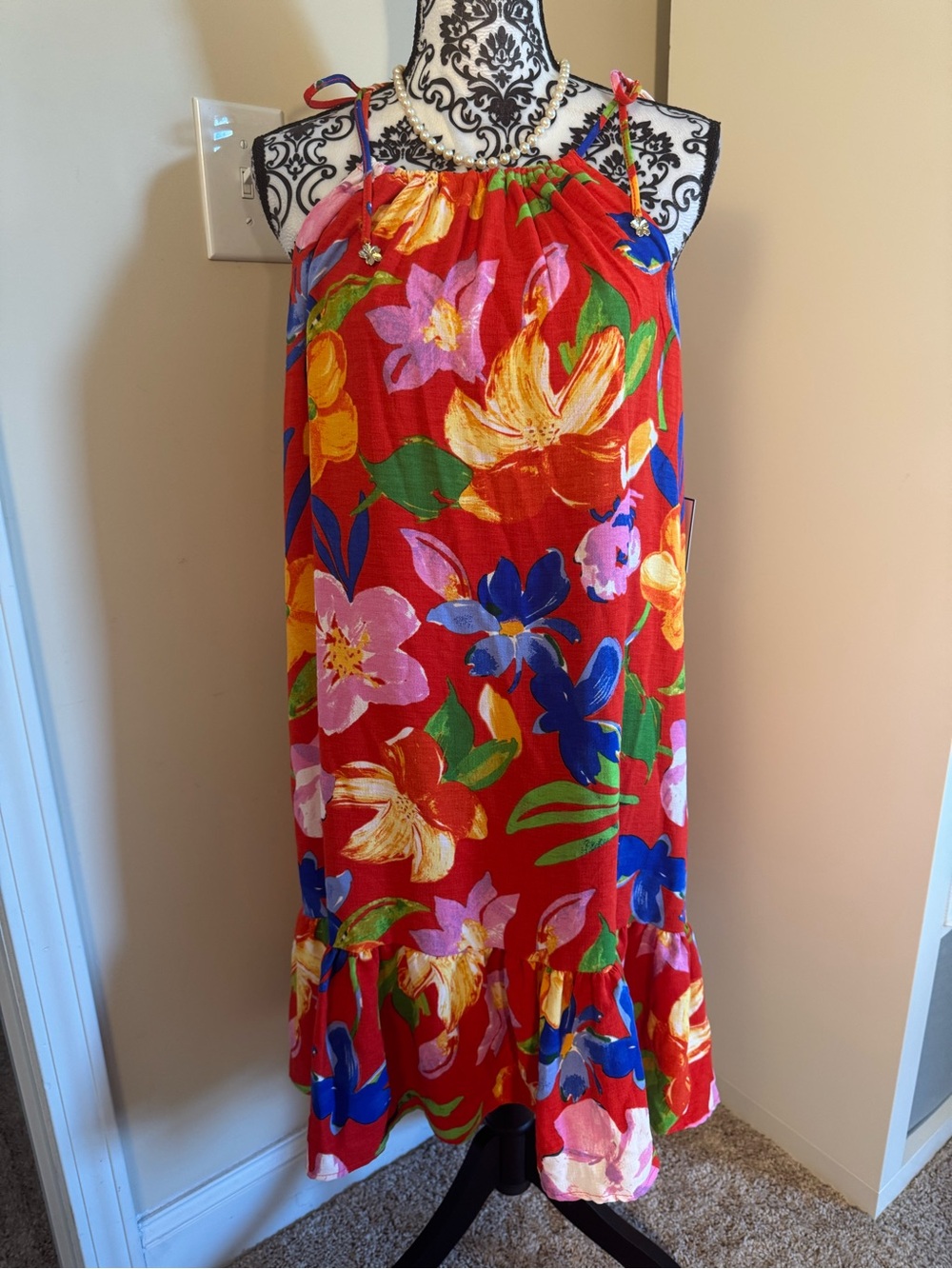 BB Dakota Bright Red Floral Halter Sundress with Tie Straps - NWT